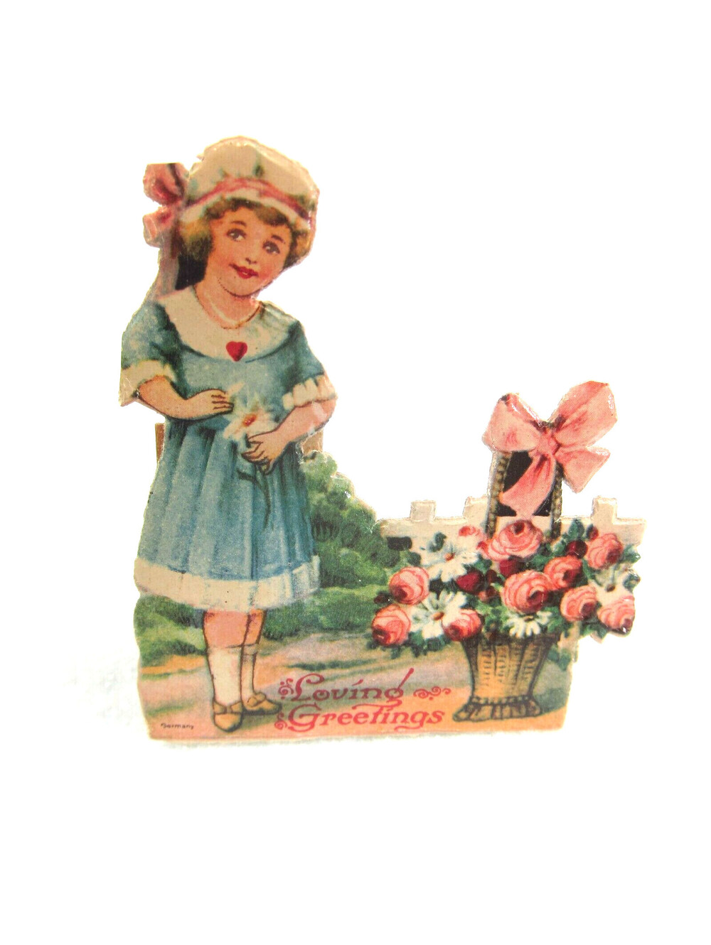 Vintage Valentine Die Cut Stand Up Girl Bonnet & Flower Basket 1920-30s Germany